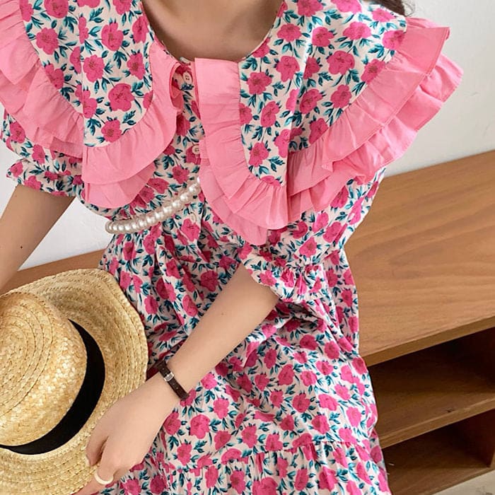 Garden Collar Floral Dress - Free Size / Pink - Dresses