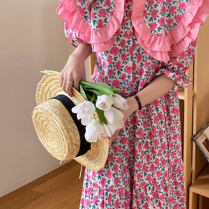 Garden Collar Floral Dress - Free Size / Pink - Dresses