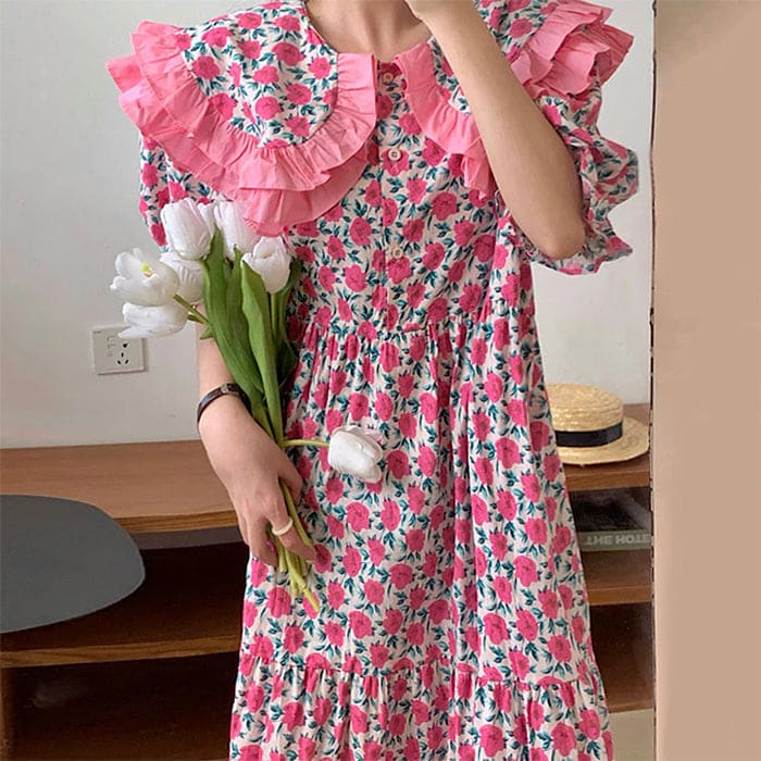 Garden Collar Floral Dress - Free Size / Pink - Dresses