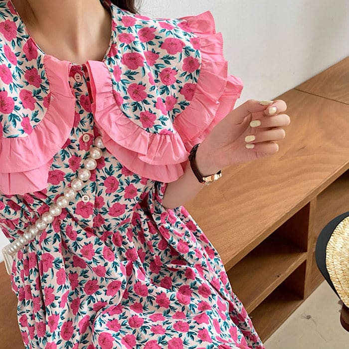 Garden Collar Floral Dress - Free Size / Pink - Dresses