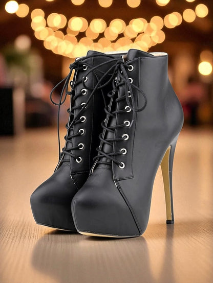 Faux Ankle Women's Lace-Up Boots Beige Platform - Leather