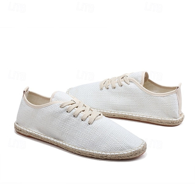 Men's Beige Canvas Lace-Up Espadrille Shoes with Jute Rope