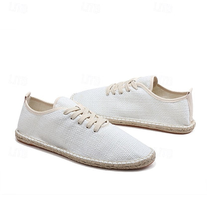 Men's Beige Canvas Lace-Up Espadrille Shoes with Jute Rope