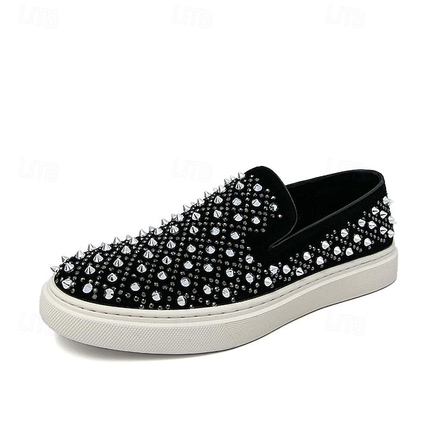 Men's Black Slip-On Shoes with Pearl Detailing - Elegant