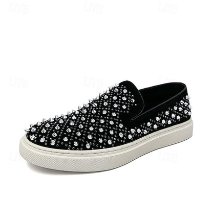 Men's Black Slip-On Shoes with Pearl Detailing - Elegant