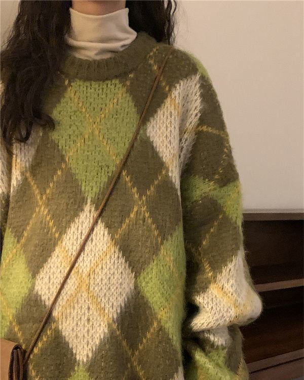 Pull vintage à losanges vert