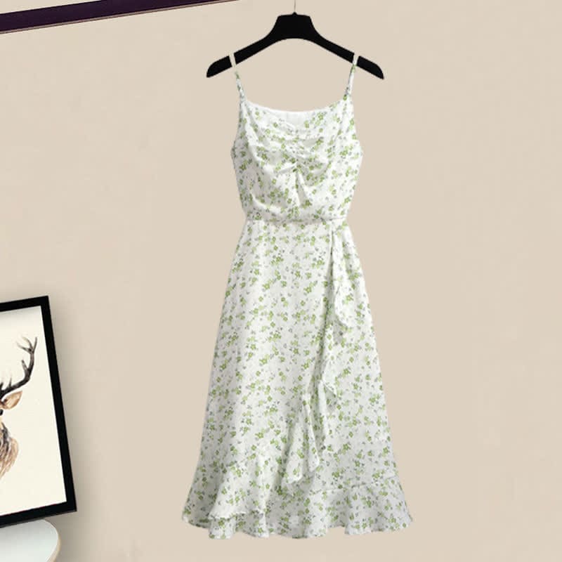 Green Floral Print Slip Dress Set - Dress / M