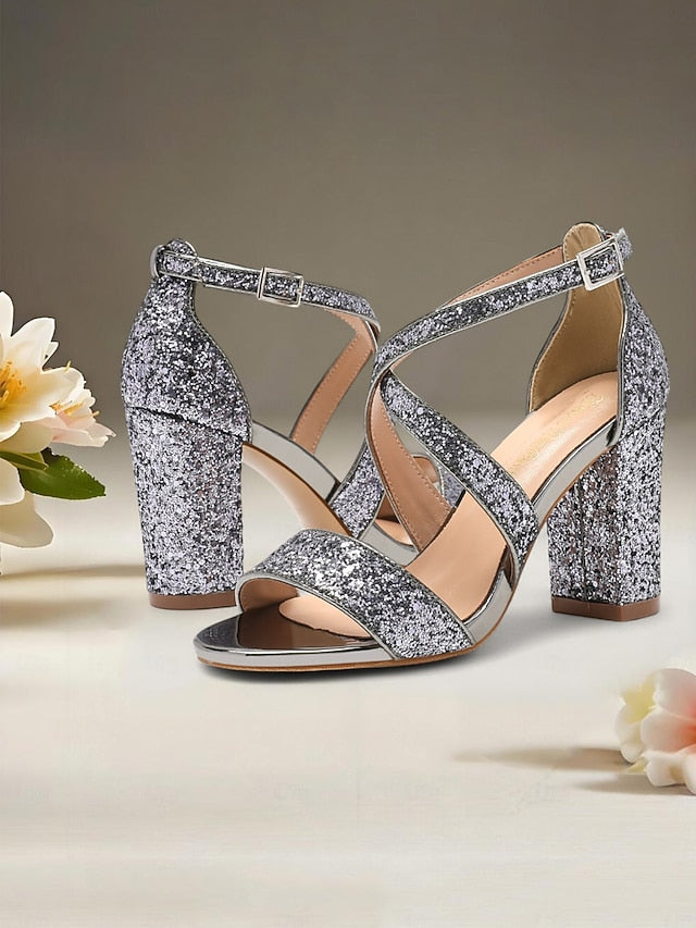 Heel Women's Sandals Block Glitter Gold