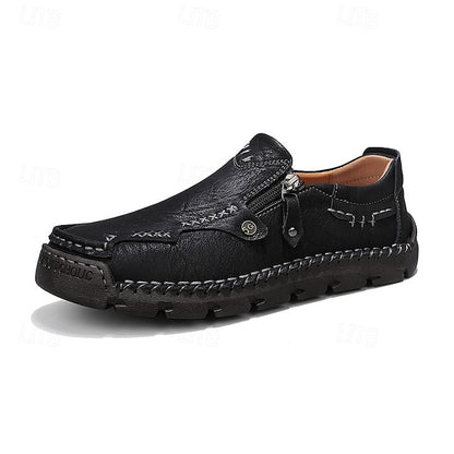 Men's Brown Faux Leather Slip-On Loafers with Side Zipper