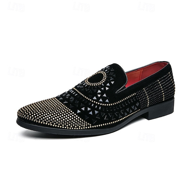 Men's Prom Shoes - Black Studded Velvet Loafers with Spiral