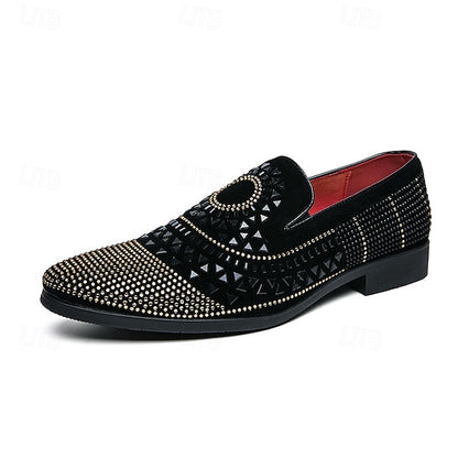Men's Prom Shoes - Black Studded Velvet Loafers with Spiral