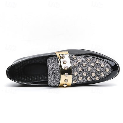 Men's Black Patent Loafers with Studded Detail and Gold