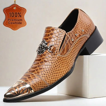 Men's Brown Snake Pattern Leather Slip-On Shoes with Metal