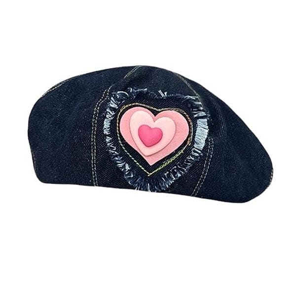 Heart Patch Denim Beret Hat - Standart / Dark Blue - Hats