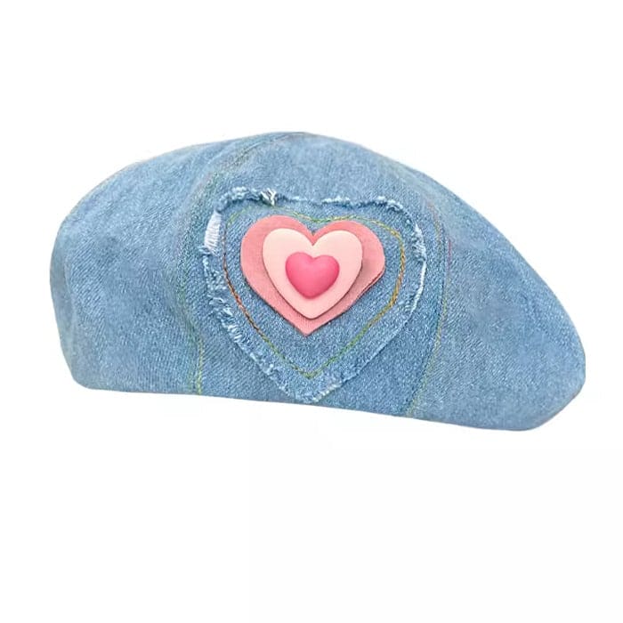 Heart Patch Denim Beret Hat - Standart / Light Blue - Hats