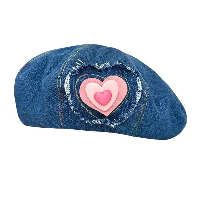 Béret en jean avec patch en forme de cœur