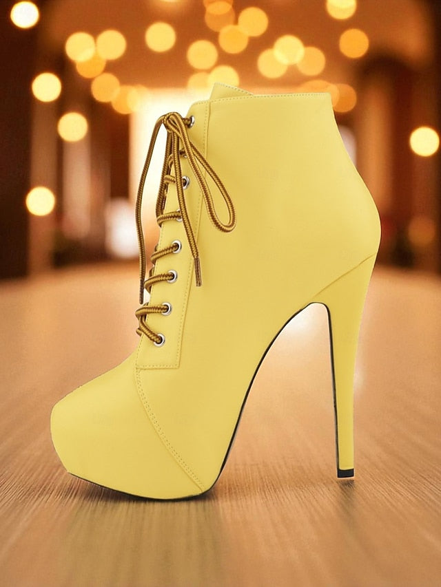 Faux Ankle Women's Lace-Up Boots Beige Platform - Leather