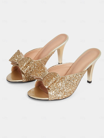 Mules Glamorous Bow Gold Women's Glitter Party – Stiletto