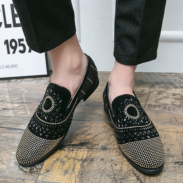 Men's Prom Shoes - Black Studded Velvet Loafers with Spiral
