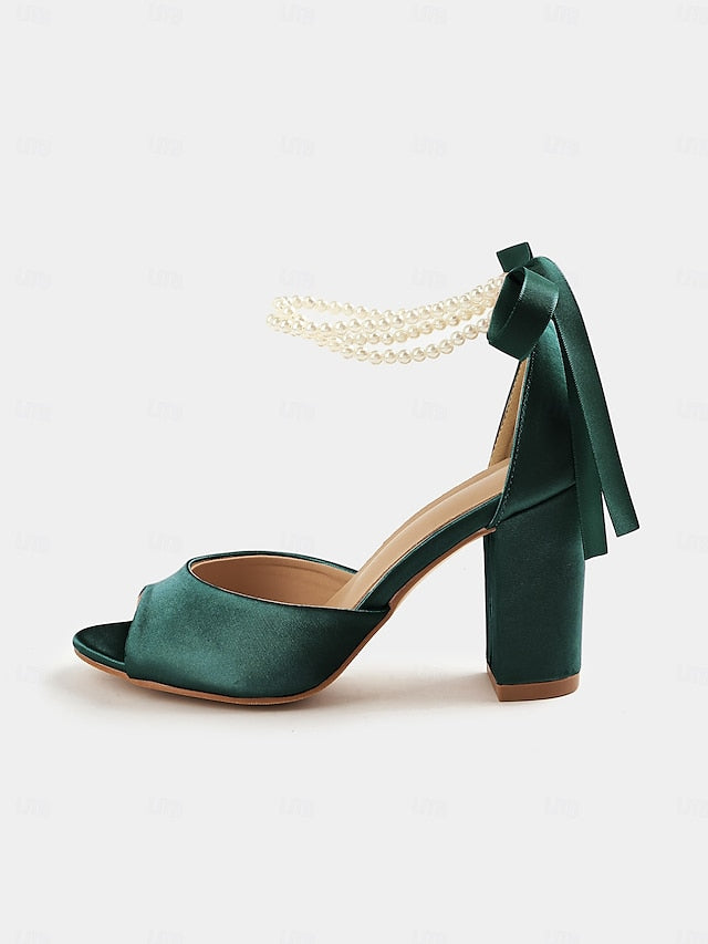 Heel Satin Pearl Block Ankle with Women's Peep-Toe Sandals