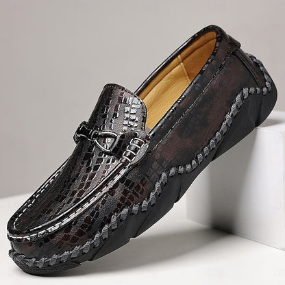 Men’s Black Moc-Toe Driving Loafers – Textured Crocodile