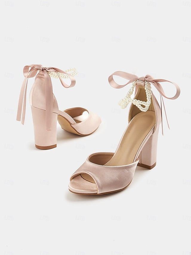 Heel Satin Pearl Block Ankle with Women's Peep-Toe Sandals