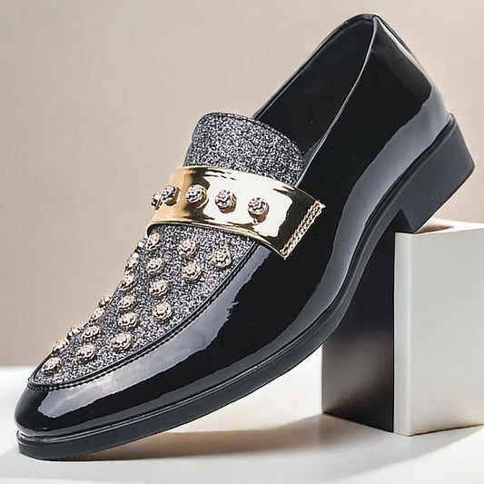 Men's Black Patent Loafers with Studded Detail and Gold