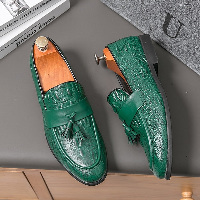Men's Green Faux Leather Loafers with Crocodile Embossed