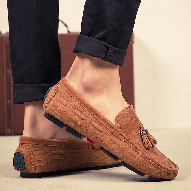 Men's Brown Faux Suede Loafers with Tassel Detail and