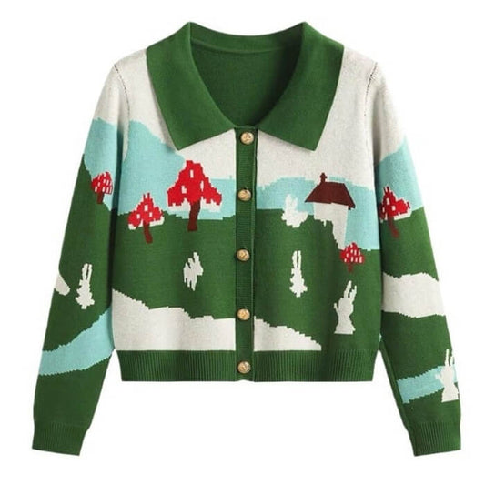 Joli cardigan à col champignon vert