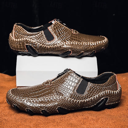 Men's Crocodile Pattern Leather Loafers - Stylish Slip-On