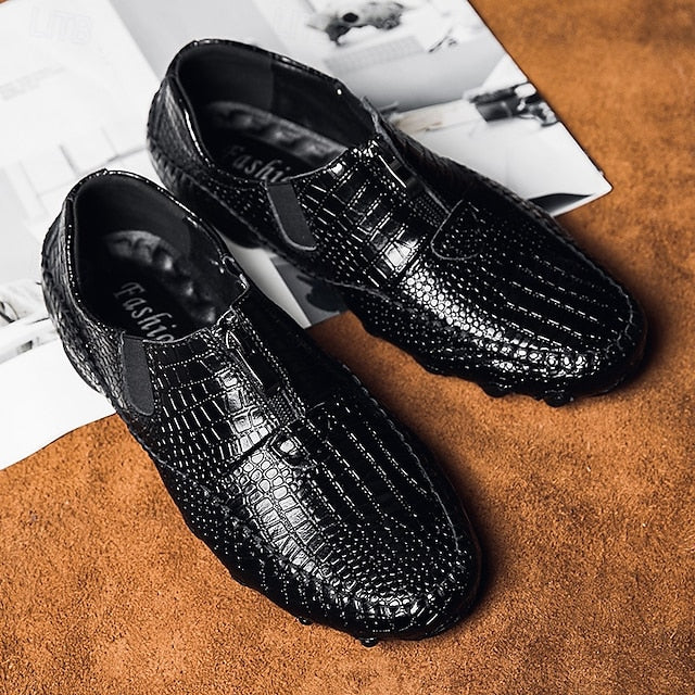 Men's Crocodile Pattern Leather Loafers - Stylish Slip-On