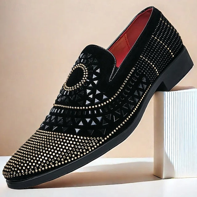 Men's Prom Shoes - Black Studded Velvet Loafers with Spiral