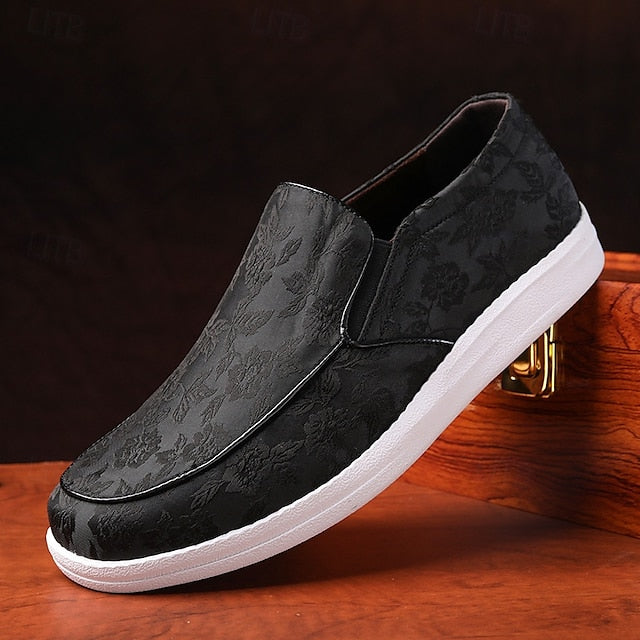 Men's Floral Jacquard Slip-On Loafers – Red and Black