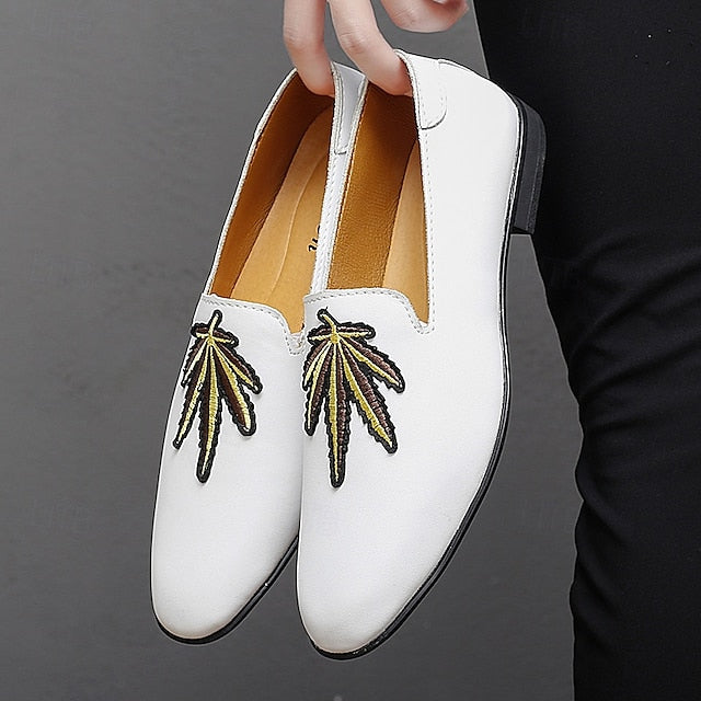 Men's Prom Shoes - White Faux Leather Loafers with Feather
