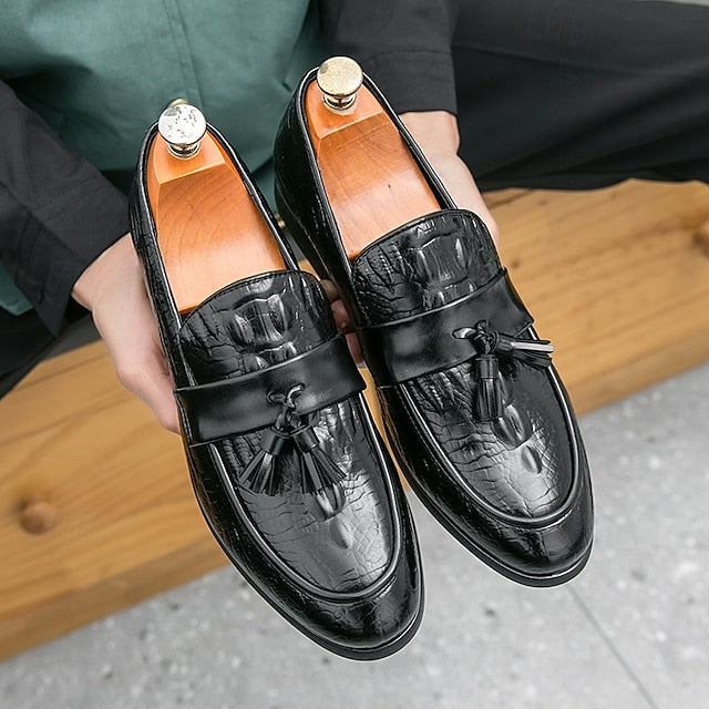 Men's Green Faux Leather Loafers with Crocodile Embossed