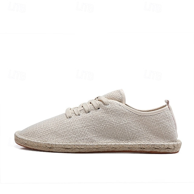 Men's Beige Canvas Lace-Up Espadrille Shoes with Jute Rope