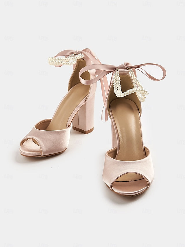 Heel Satin Pearl Block Ankle with Women's Peep-Toe Sandals
