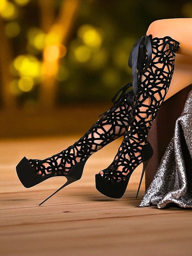 Women's Platform Boots Peep Knee Sexy Stiletto High Cutout