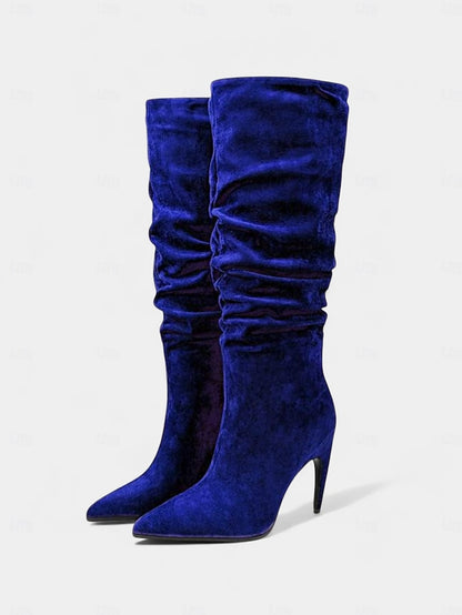 Women's High Knee Pointed Slouch Velvet Boots Toe Green -