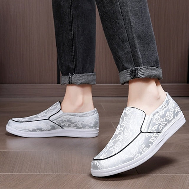 Men's Floral Jacquard Slip-On Loafers – Red and Black