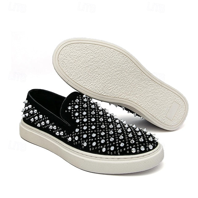 Men's Black Slip-On Shoes with Pearl Detailing - Elegant