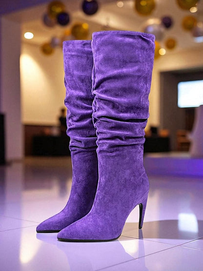 Women's High Knee Pointed Slouch Velvet Boots Toe Green -