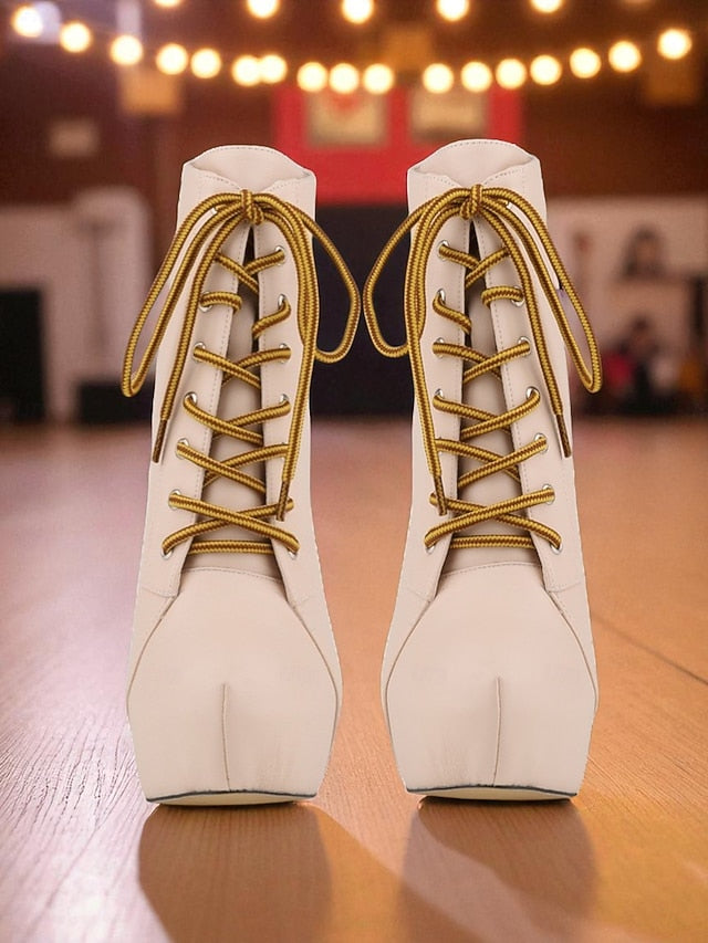Faux Ankle Women's Lace-Up Boots Beige Platform - Leather