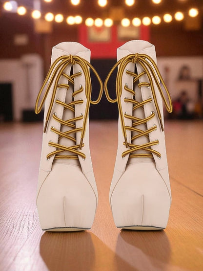 Faux Ankle Women's Lace-Up Boots Beige Platform - Leather