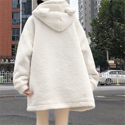 Kawaii fuzzy bear pink or white jacket winter coat pom poms
