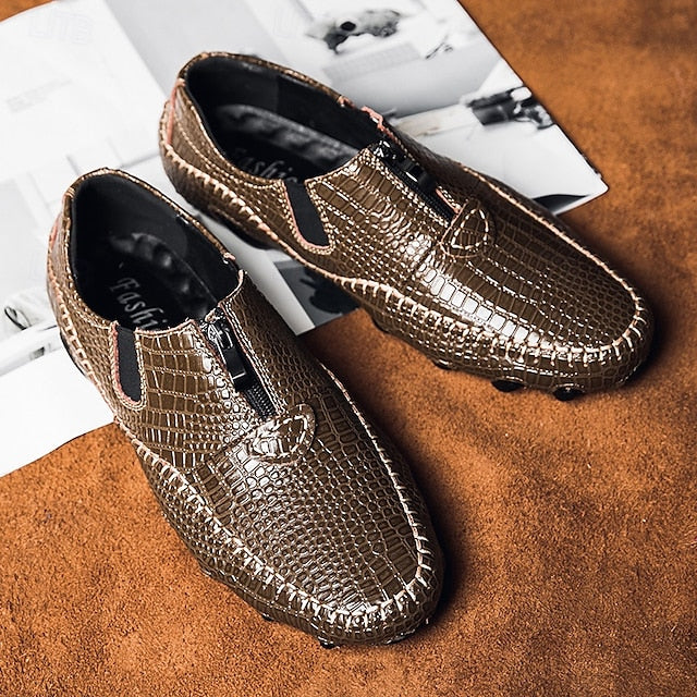 Men's Crocodile Pattern Leather Loafers - Stylish Slip-On