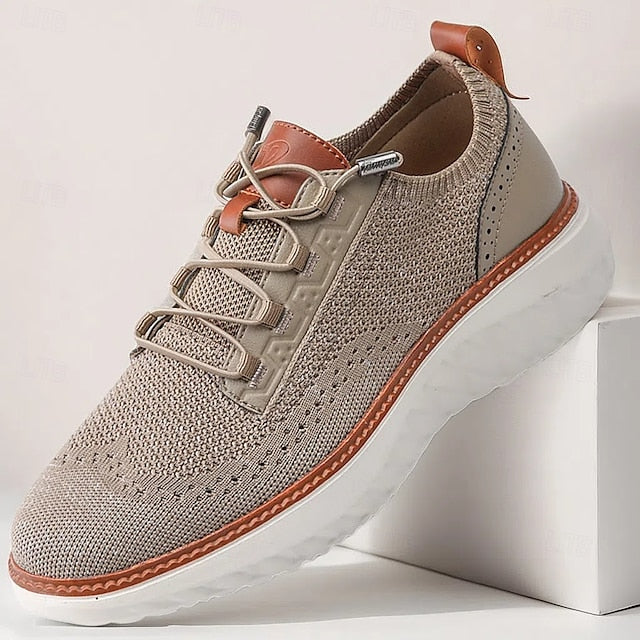 Men's Shoes Beige Knit Lace-Up Sneakers with Lightweight