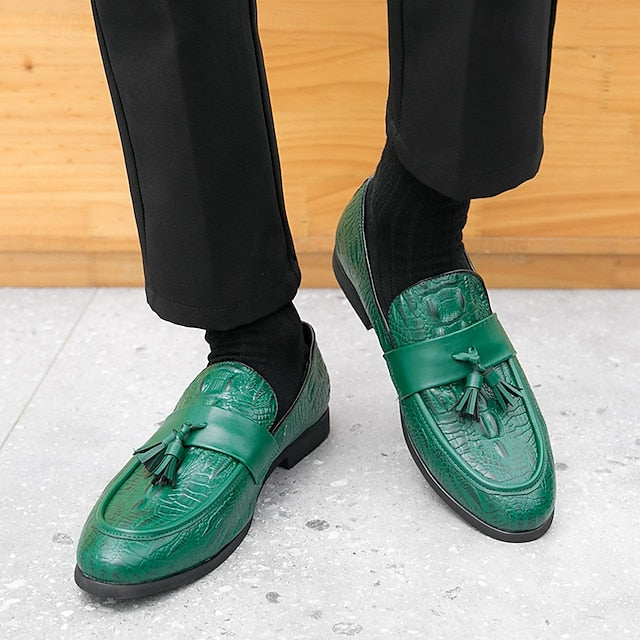 Men's Green Faux Leather Loafers with Crocodile Embossed