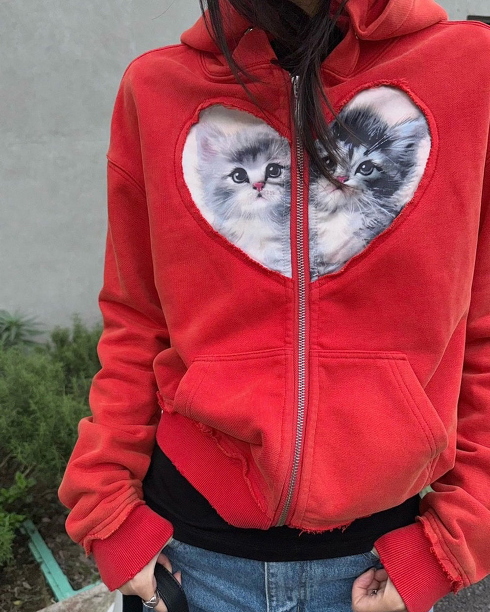 kitten heart patch zip up hoodie boogzel clothing